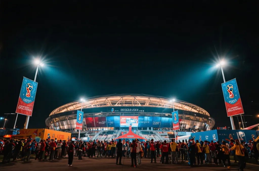 世界杯球场夜景与比赛氛围示意图